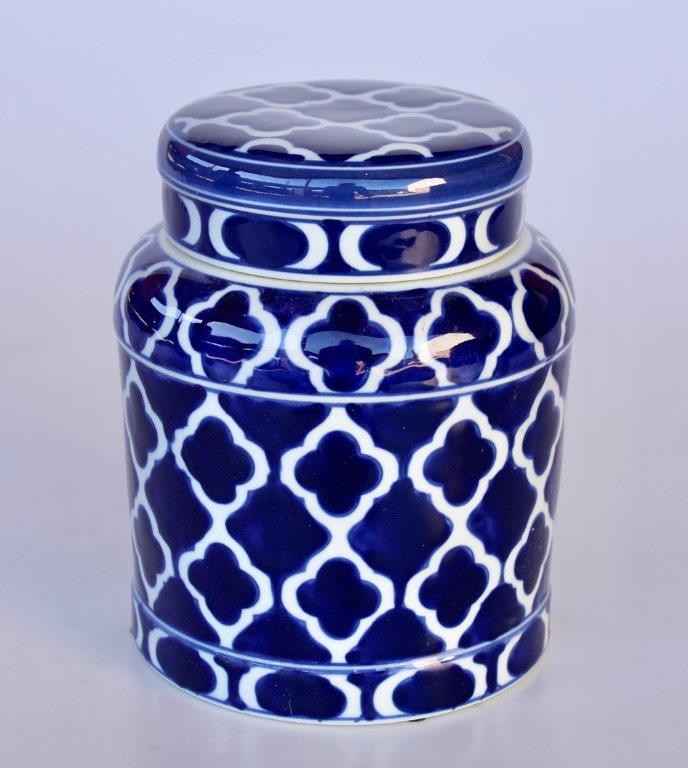 Medium Geo Blue & White Jar With Lid